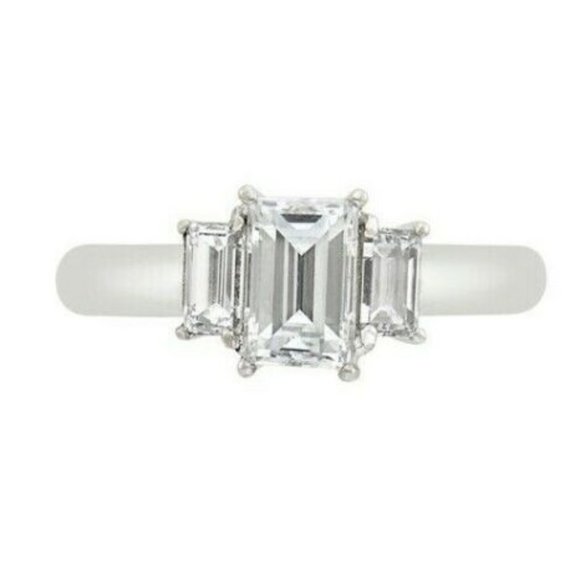 Fine Platinum 3 Stone Emerald Cut Engagement Ring - Picture 1 of 6